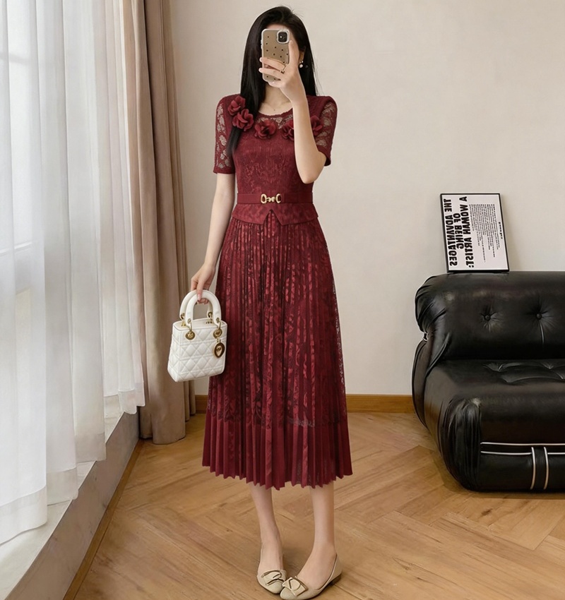 Colors round neck long dress lace pinched waist dress