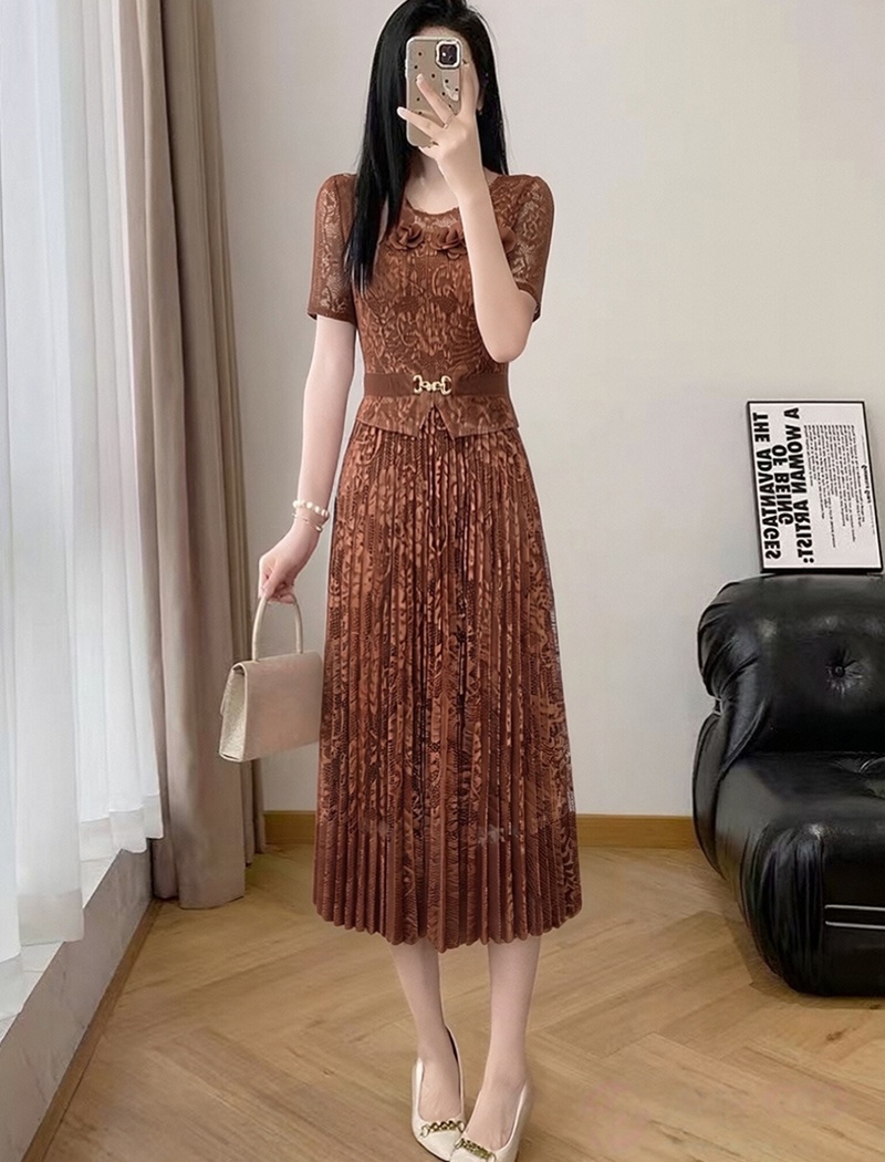 Colors round neck long dress lace pinched waist dress