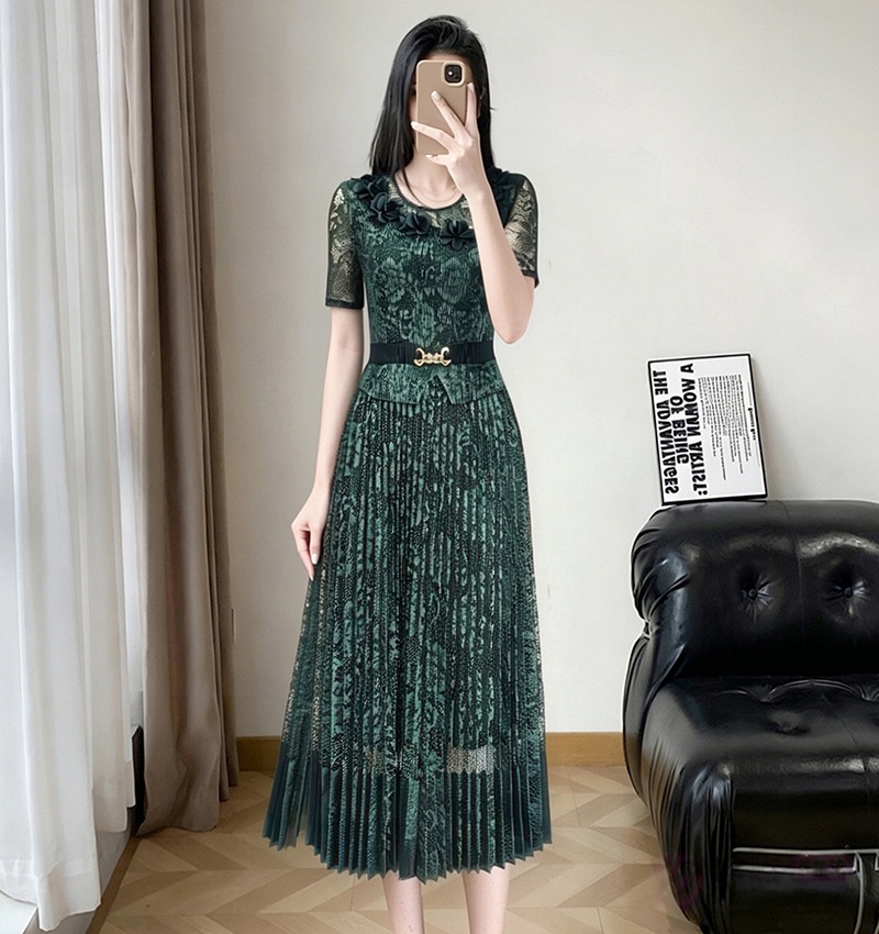 Colors round neck long dress lace pinched waist dress