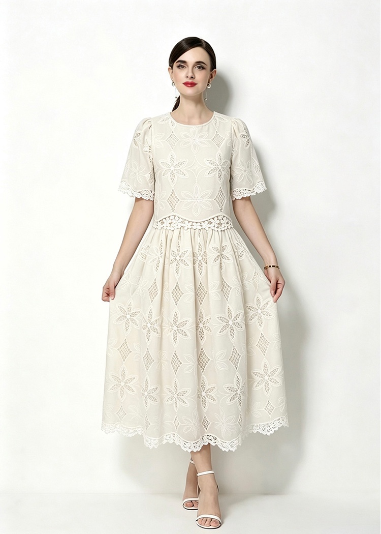 Embroidery round neck skirt high waist hollow tops
