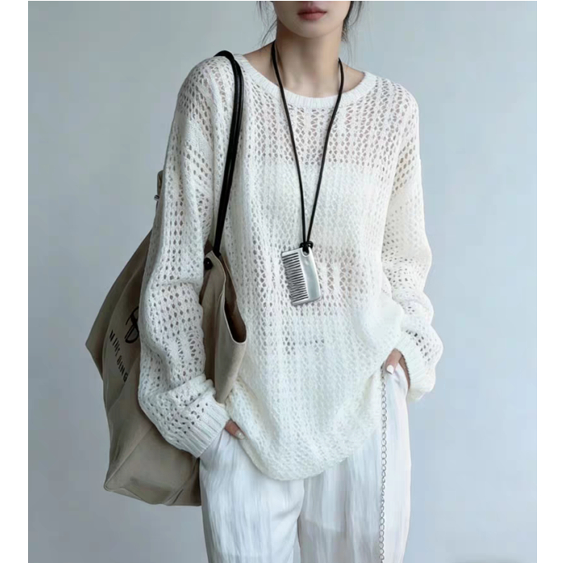 Summer thin hollow long sleeve smock knitted lazy sunscreen tops