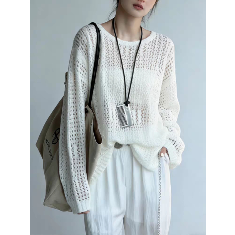 Summer thin hollow long sleeve smock knitted lazy sunscreen tops