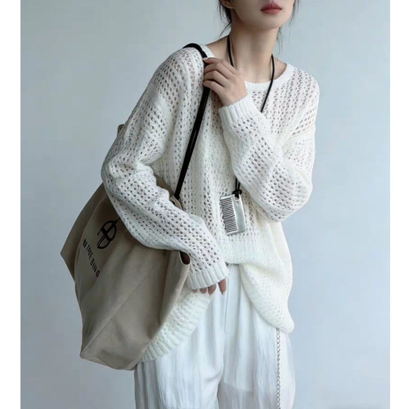 Summer thin hollow long sleeve smock knitted lazy sunscreen tops
