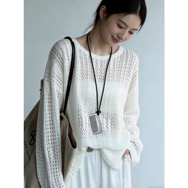 Summer thin hollow long sleeve smock knitted lazy sunscreen tops