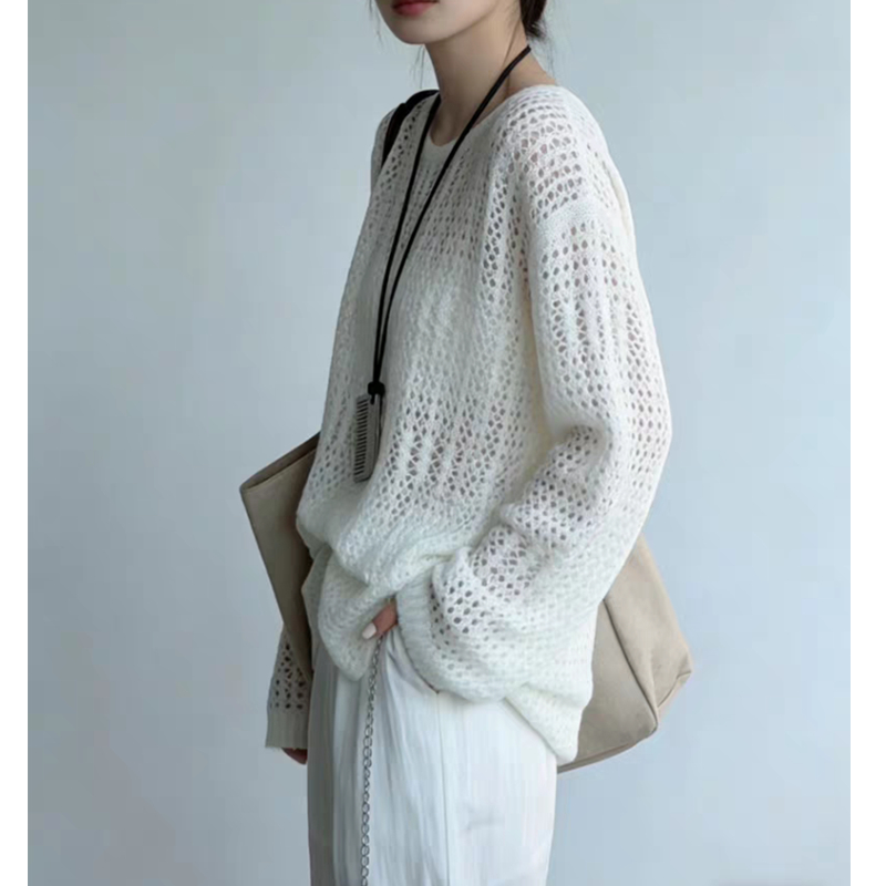Summer thin hollow long sleeve smock knitted lazy sunscreen tops