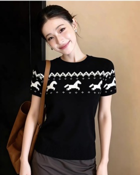 Short sleeve round neck tops summer slim sweater for women