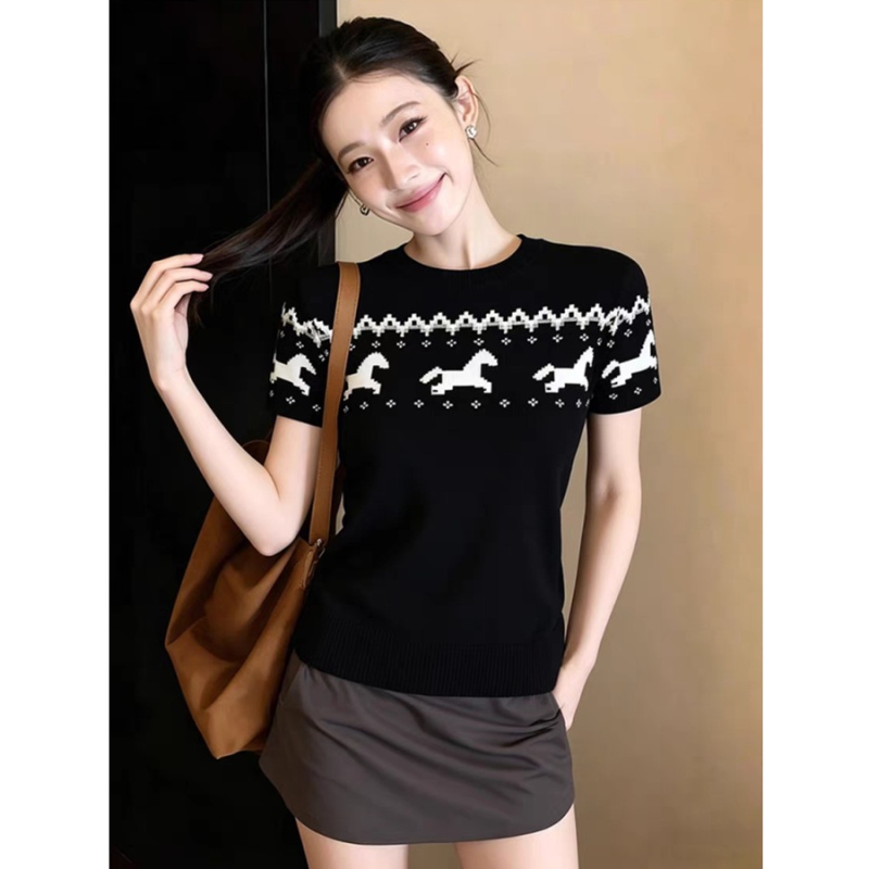 Short sleeve round neck tops summer slim sweater for women