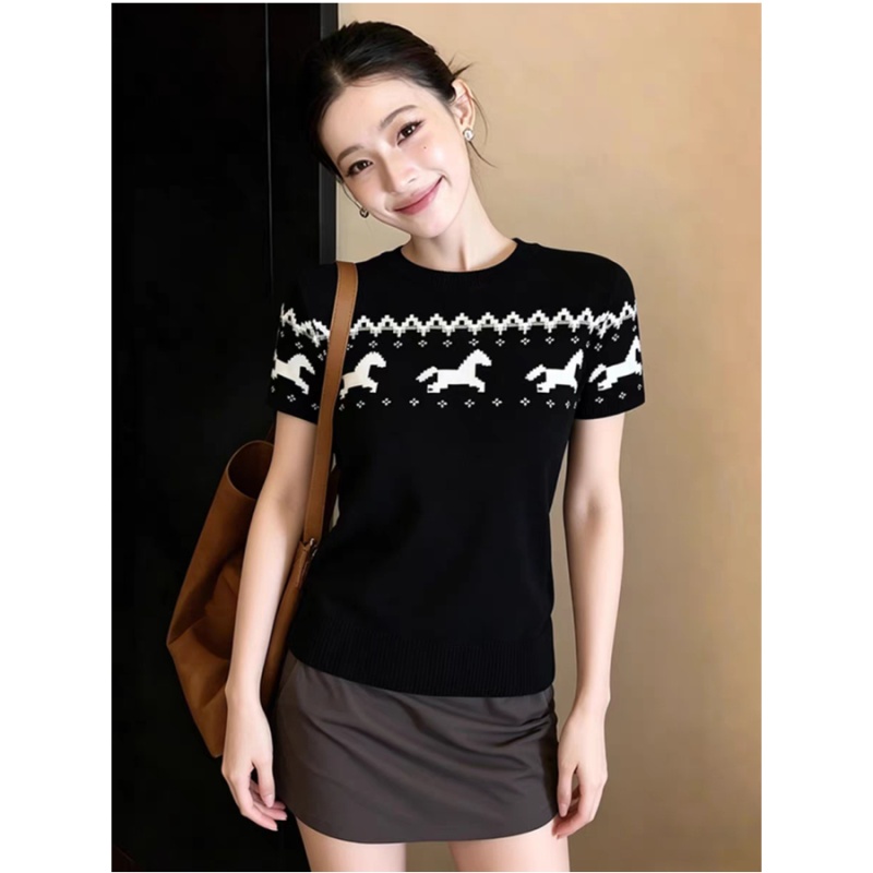 Short sleeve round neck tops summer slim sweater for women