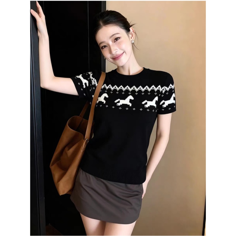 Short sleeve round neck tops summer slim sweater for women