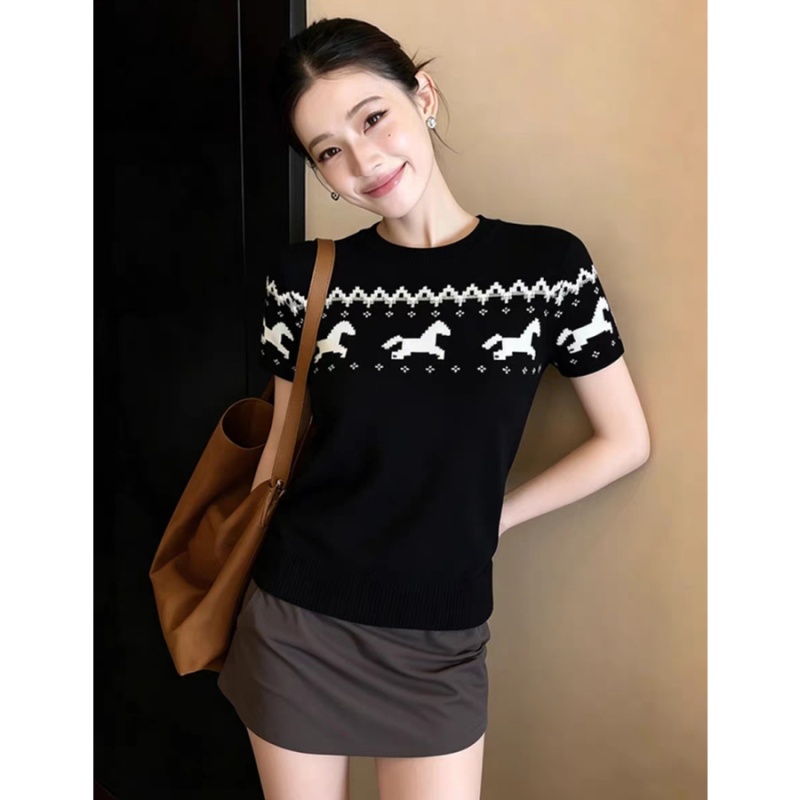 Short sleeve round neck tops summer slim sweater for women