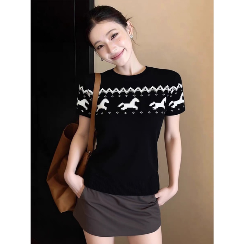 Short sleeve round neck tops summer slim sweater for women