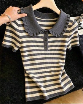 Doll collar stripe sweater short sleeve tops for women