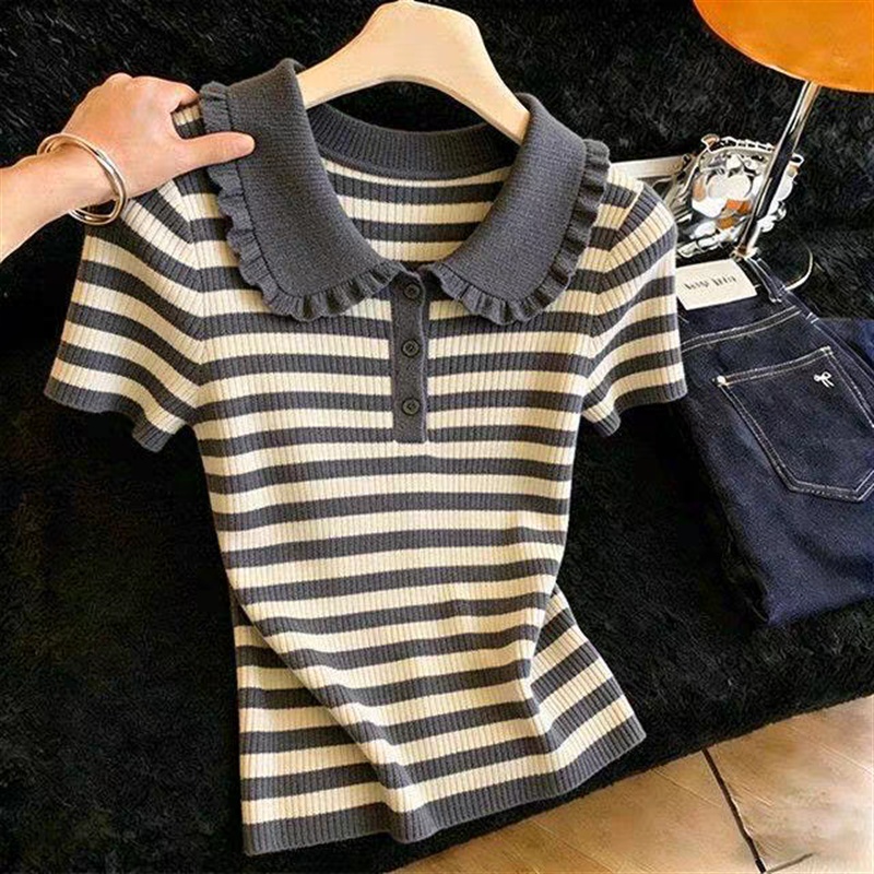Doll collar stripe sweater short sleeve tops for women