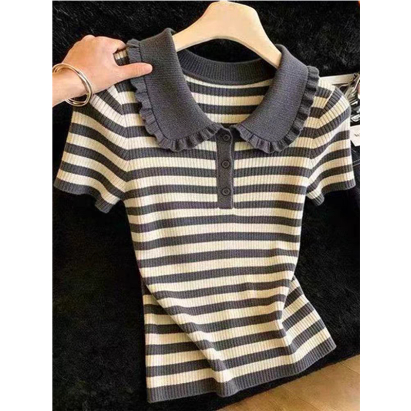 Doll collar stripe sweater short sleeve tops for women