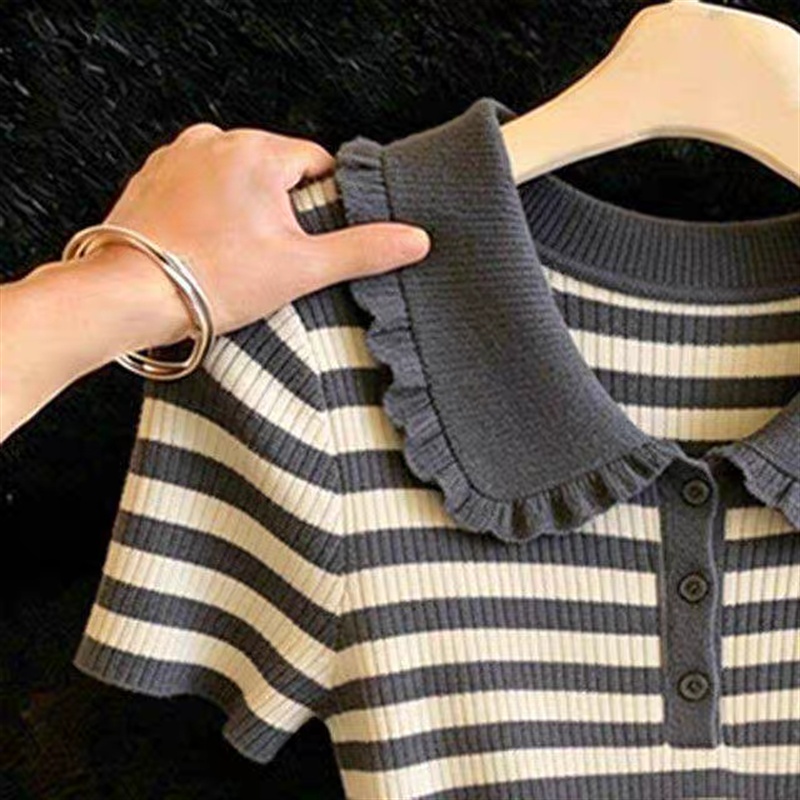 Doll collar stripe sweater short sleeve tops for women