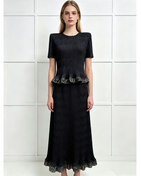 Fold all-match pocket dress sequins slim tops 2pcs set