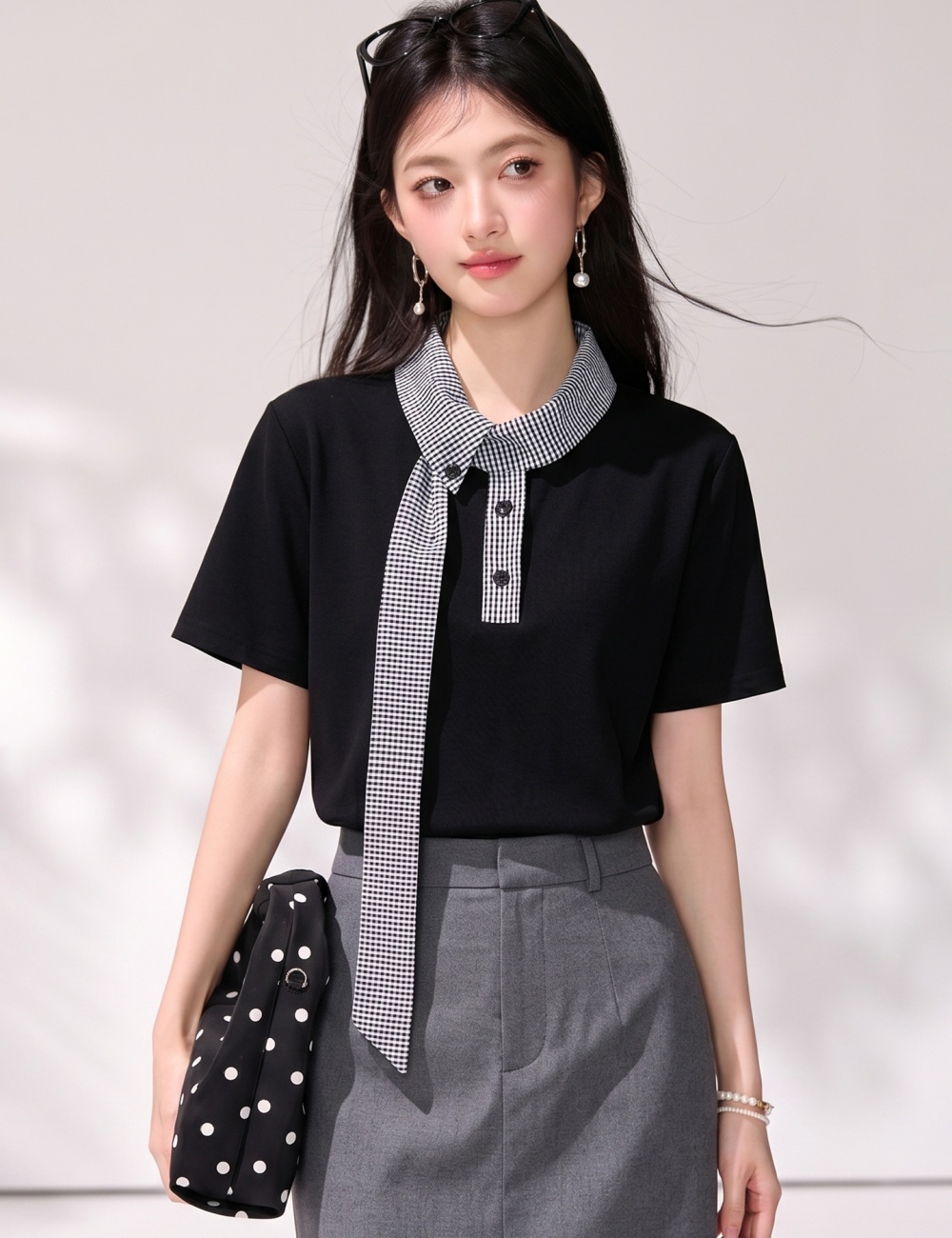 Temperament plaid tops college style short sleeve T-shirt