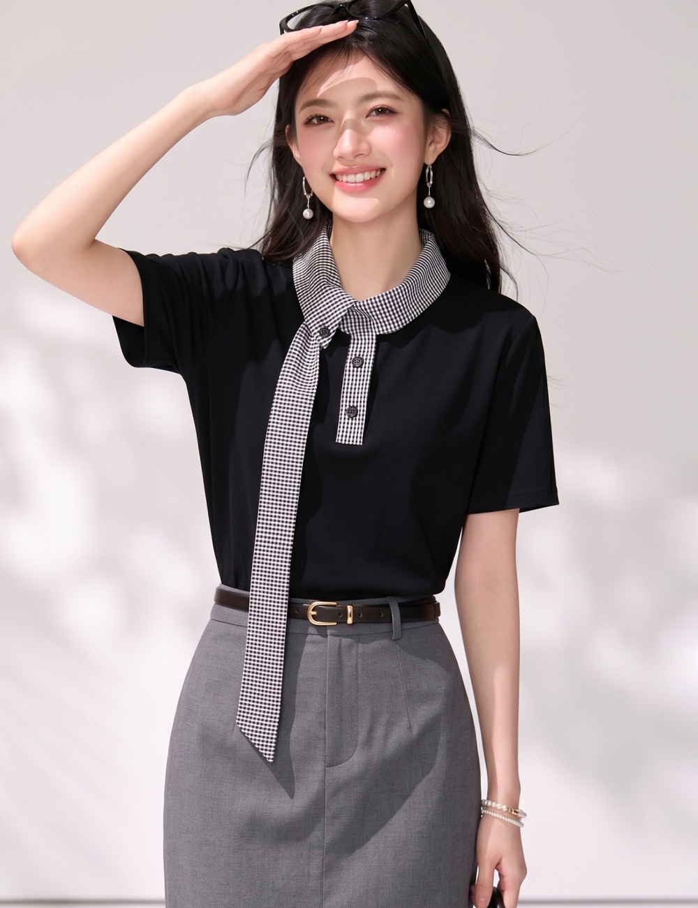 Temperament plaid tops college style short sleeve T-shirt