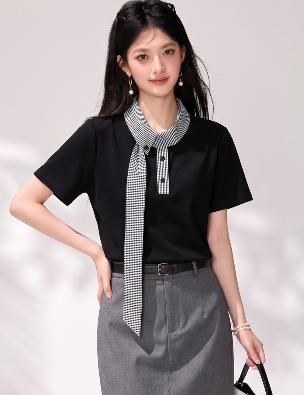 Temperament plaid tops college style short sleeve T-shirt