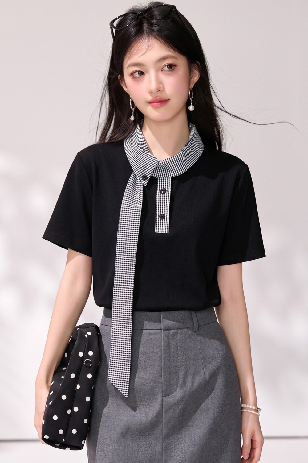 Temperament plaid tops college style short sleeve T-shirt