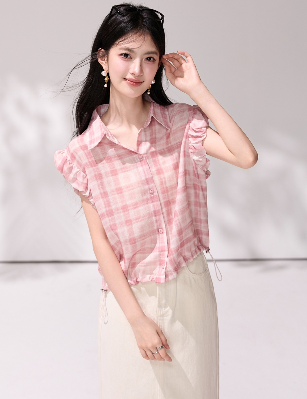 Sleeveless plaid tops boats sleeve tender shirt