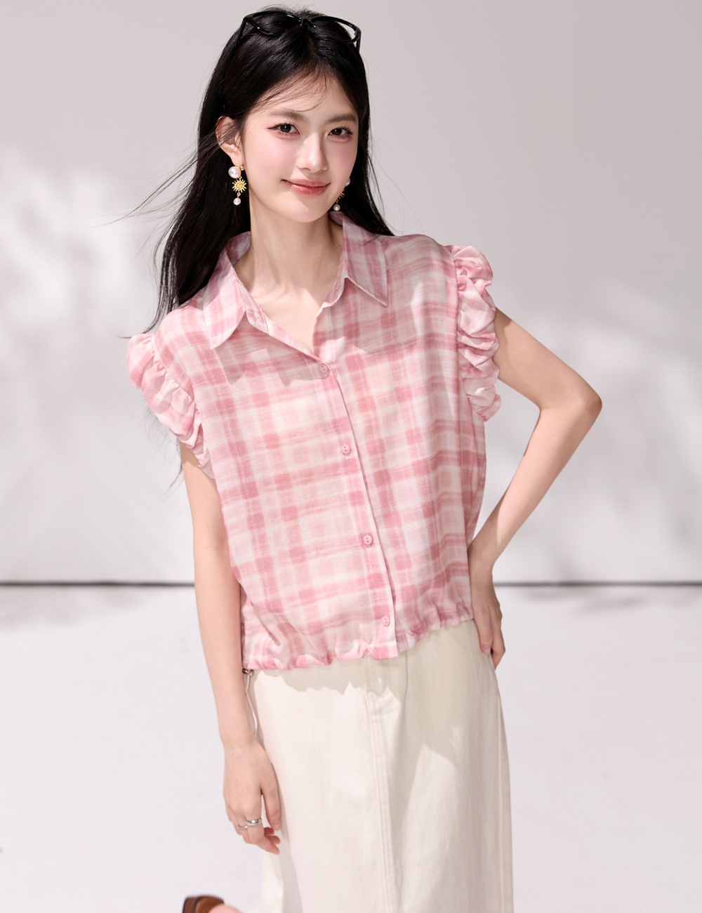 Sleeveless plaid tops boats sleeve tender shirt