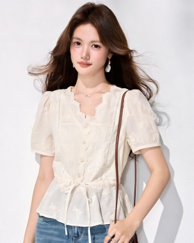 Lace tender tops puff sleeve shirt for women
