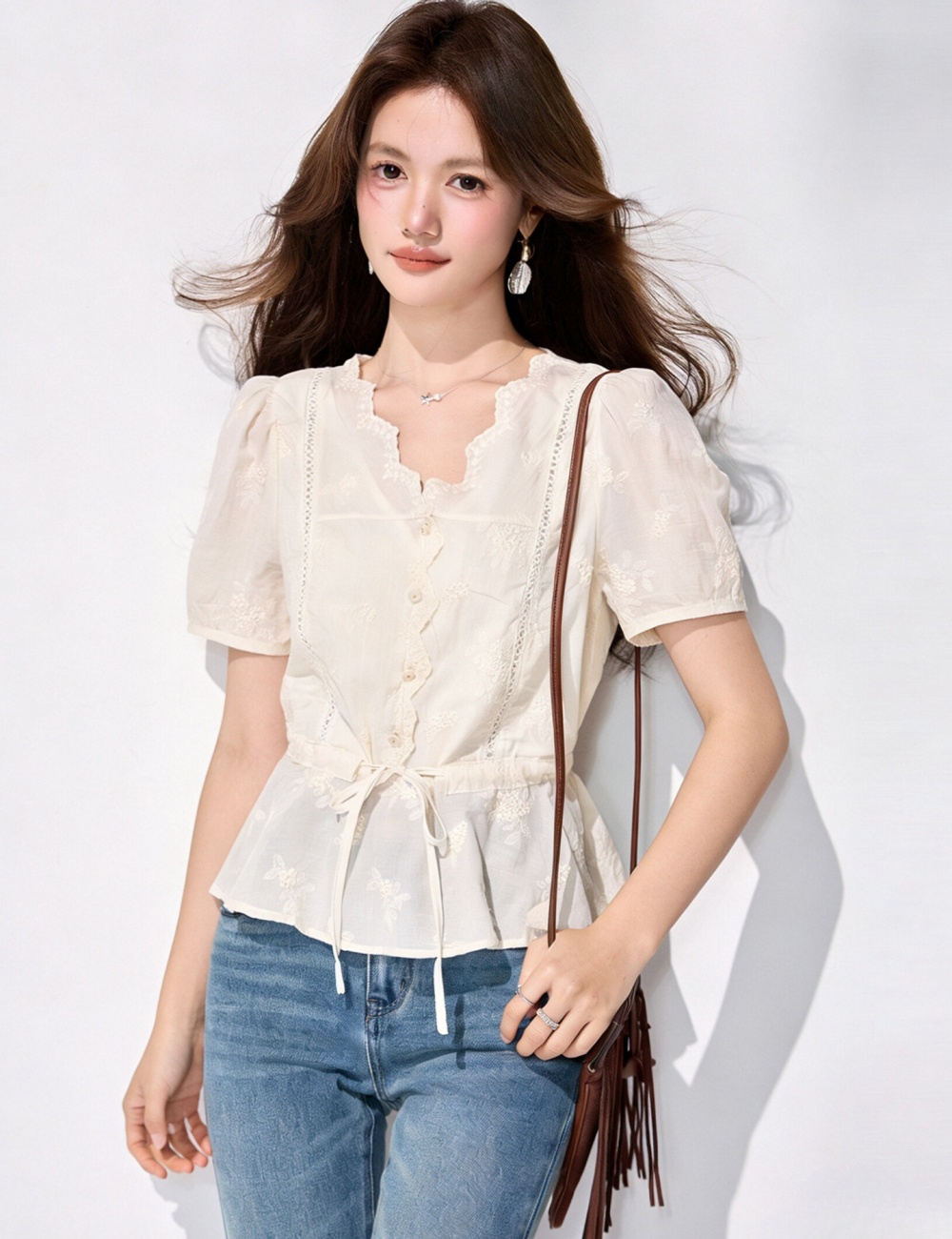 Lace tender tops puff sleeve shirt for women
