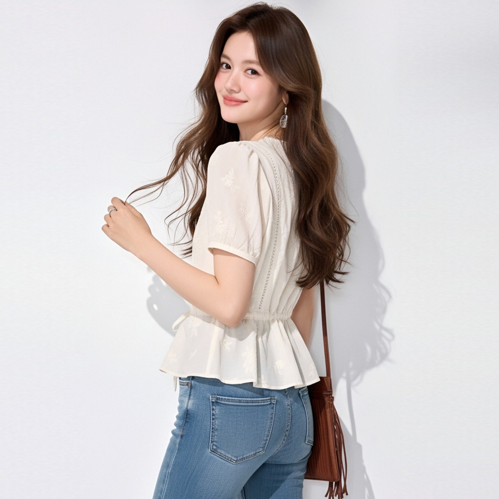 Lace tender tops puff sleeve shirt for women