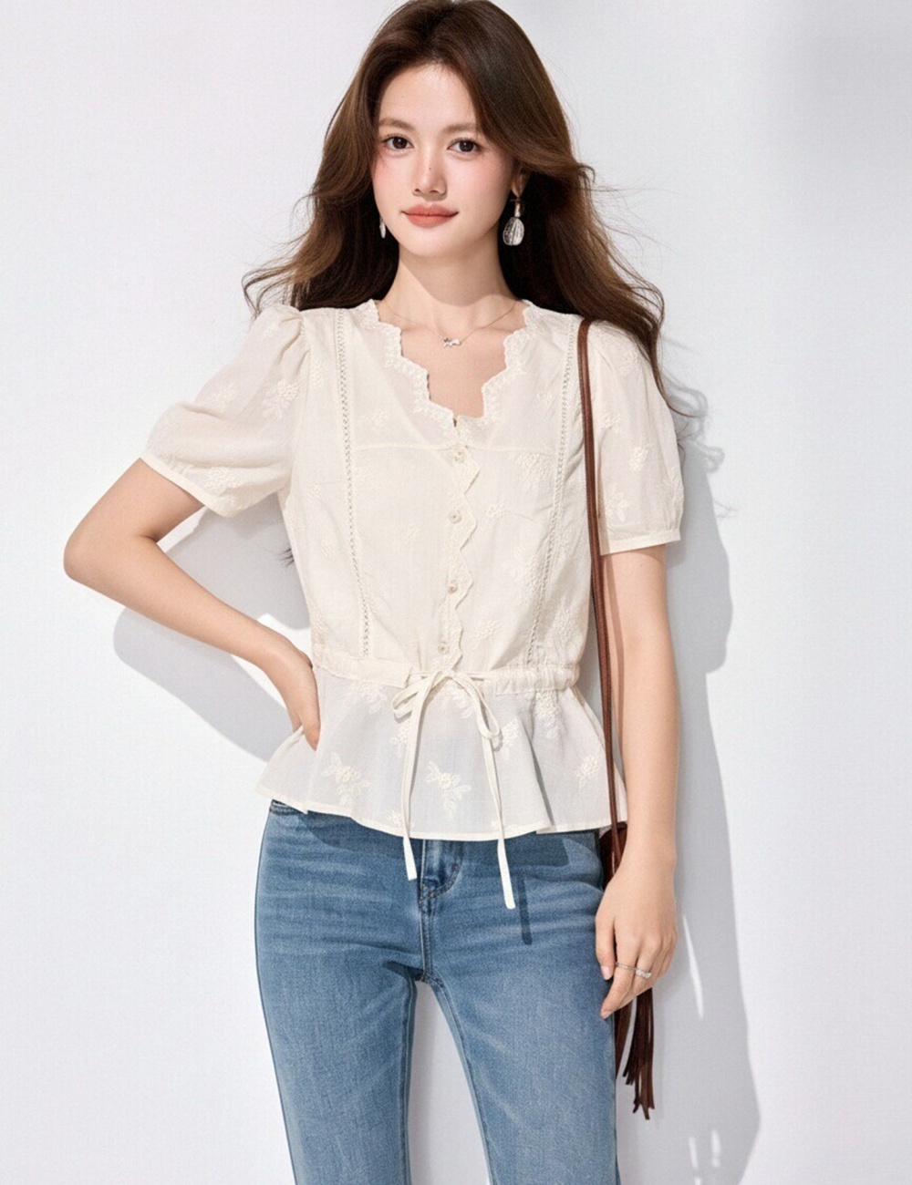 Lace tender tops puff sleeve shirt for women