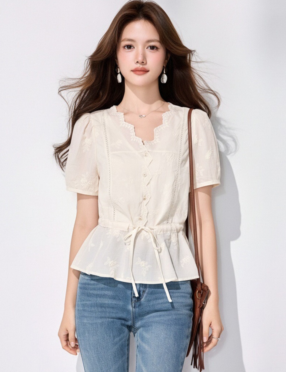 Lace tender tops puff sleeve shirt for women