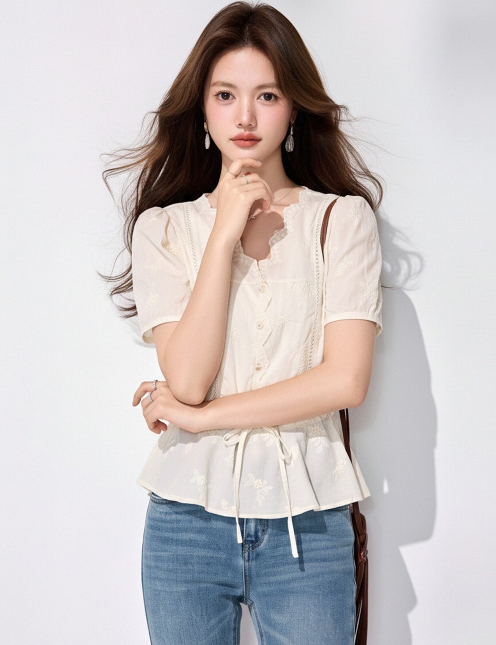 Lace tender tops puff sleeve shirt for women