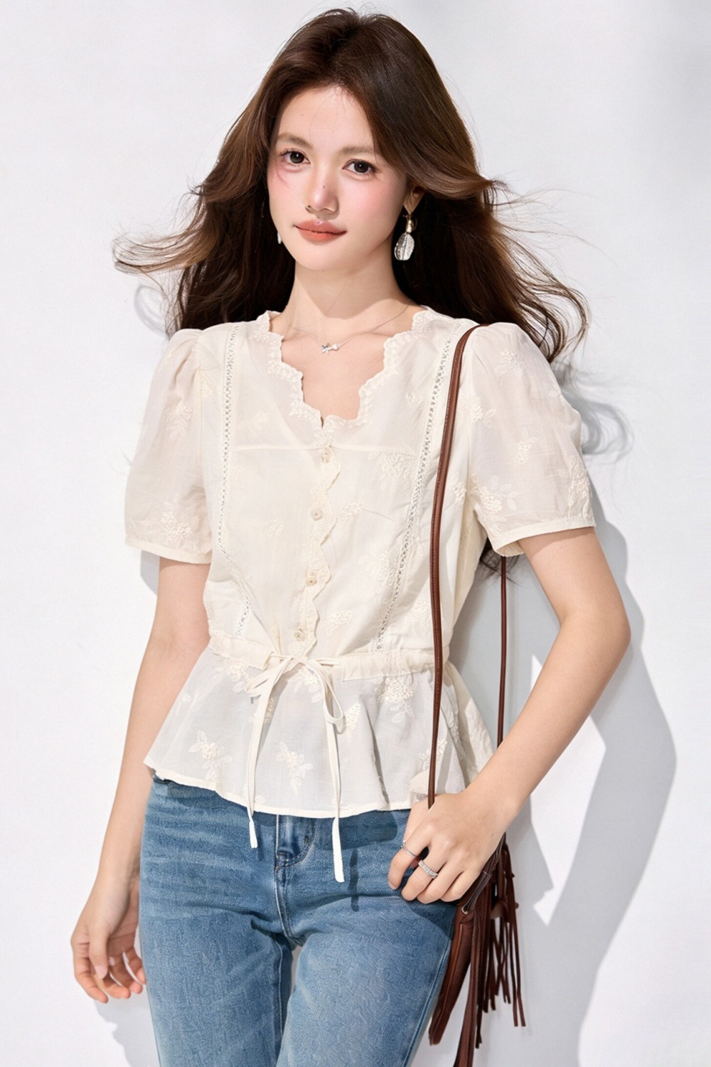 Lace tender tops puff sleeve shirt for women