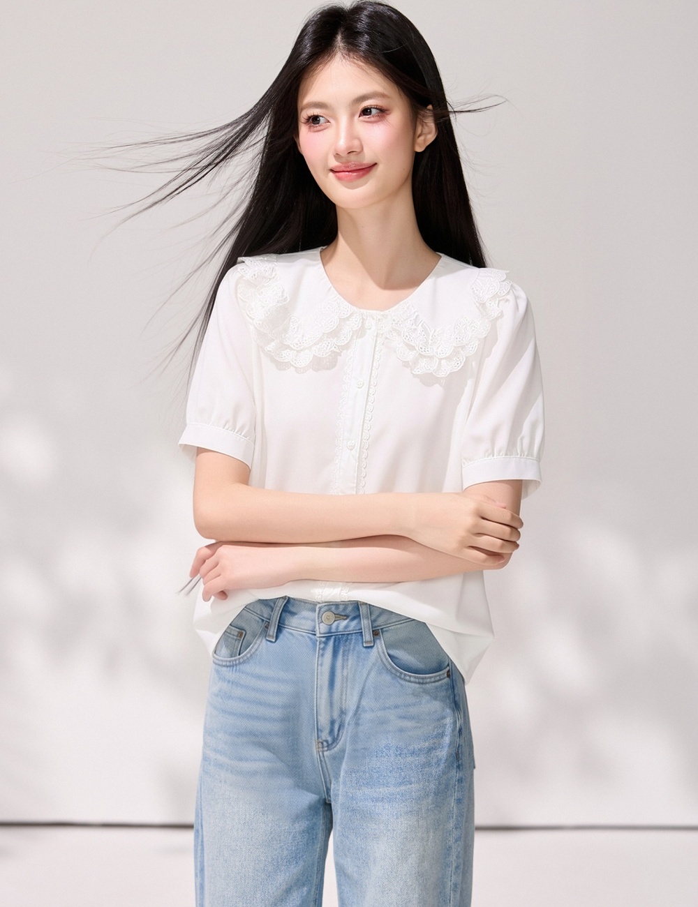 Slim short sleeve shirt double summer tops for women