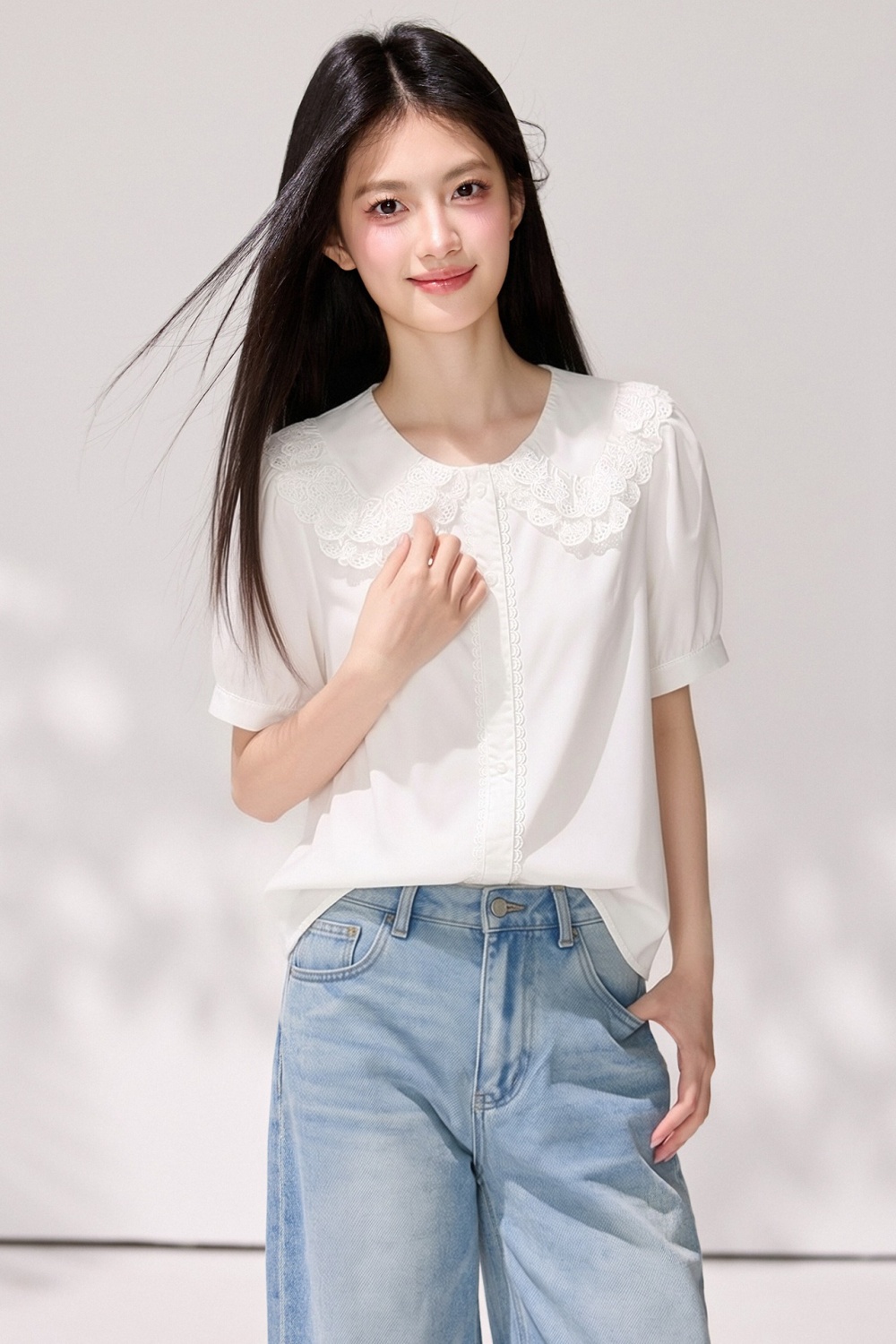 Slim short sleeve shirt double summer tops for women