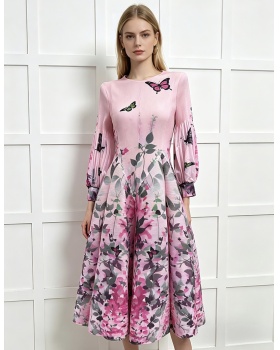 Fold elegant slim printing France style vacation dress
