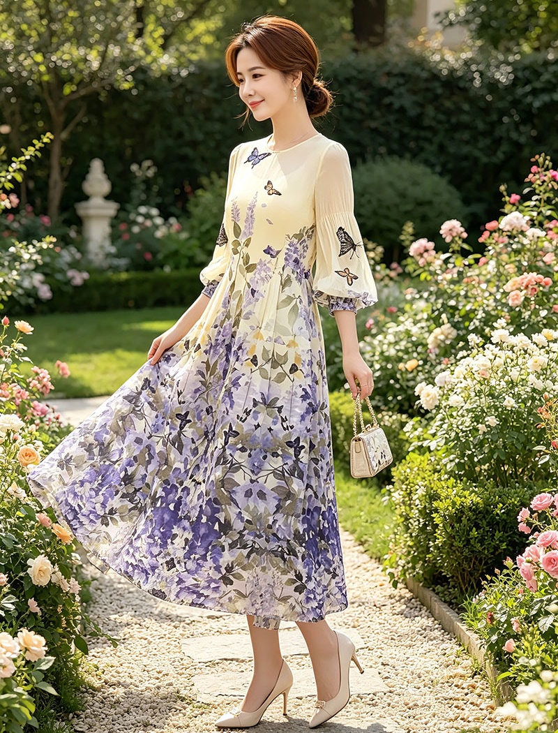 Fold elegant slim printing France style vacation dress