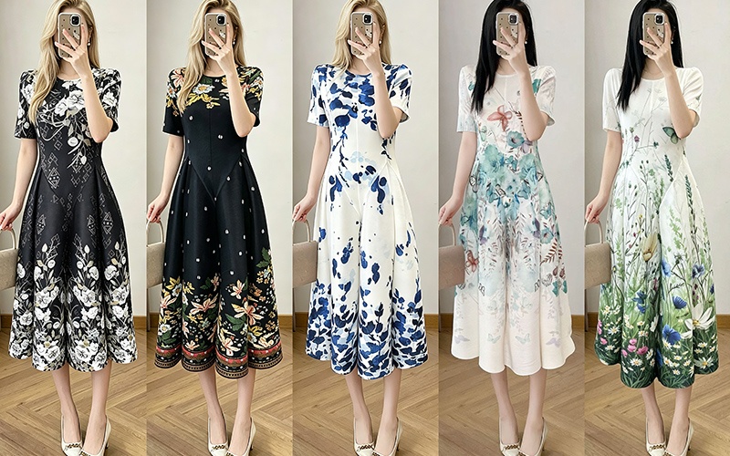 Fold large yard printing seaside elegant vacation dress