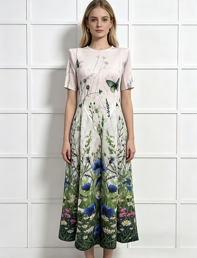 Fold large yard printing seaside elegant vacation dress