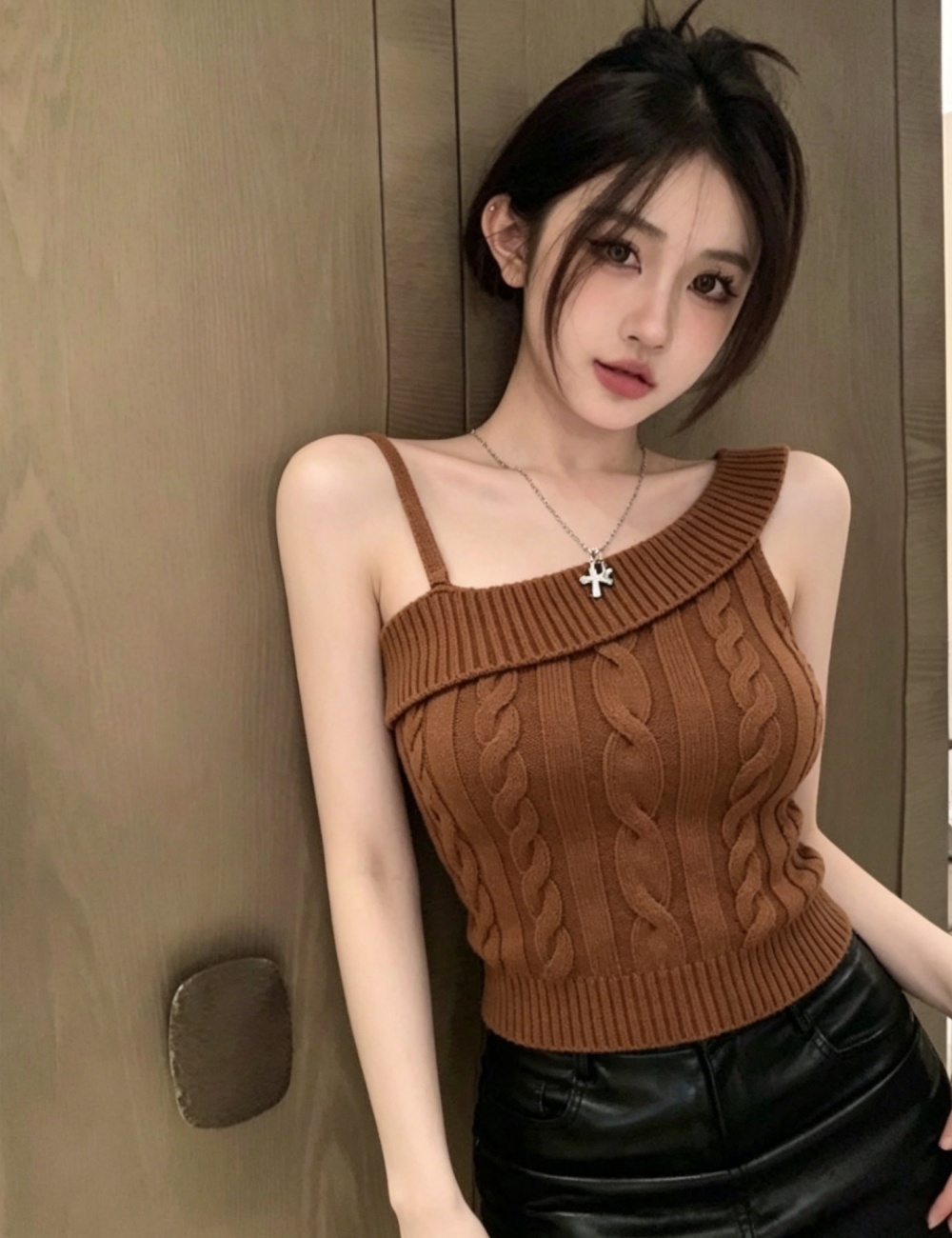 Sloping shoulder knitted tops summer spicegirl vest