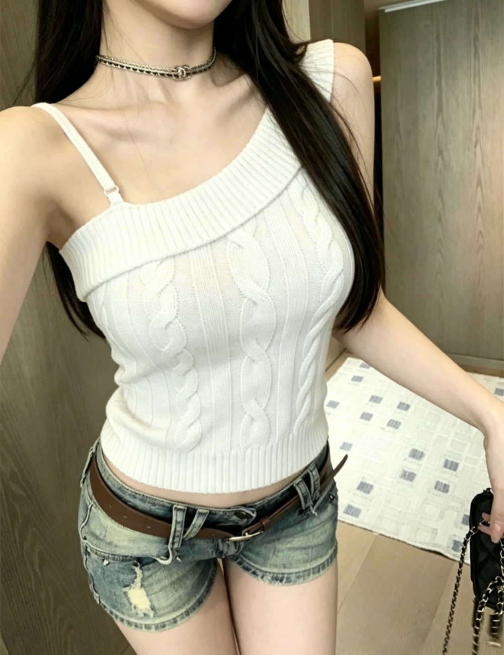 Sloping shoulder knitted tops summer spicegirl vest