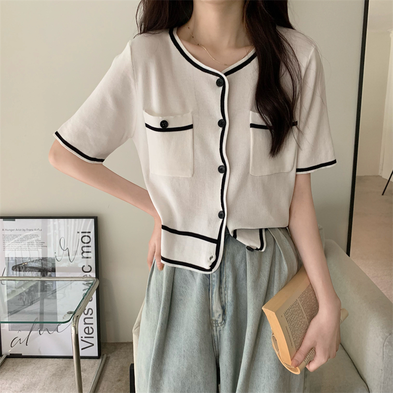 Chanelstyle temperament mixed colors all-match knitted tops
