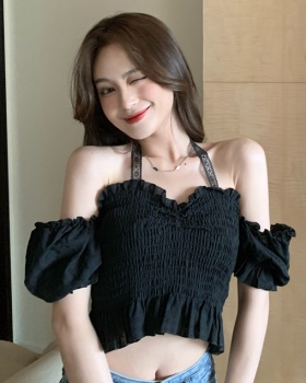 Summer halter lace slim puff sleeve short France style tops