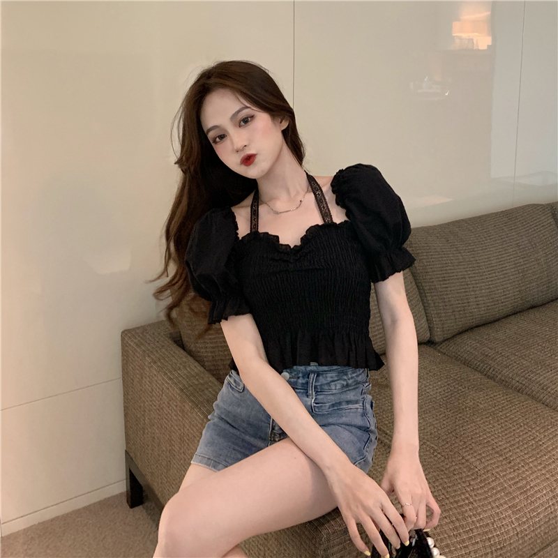 Summer halter lace slim puff sleeve short France style tops