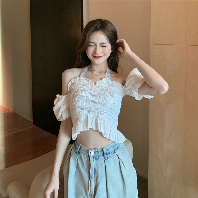 Summer halter lace slim puff sleeve short France style tops