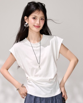 Round neck boats sleeve T-shirt Korean style pure tops