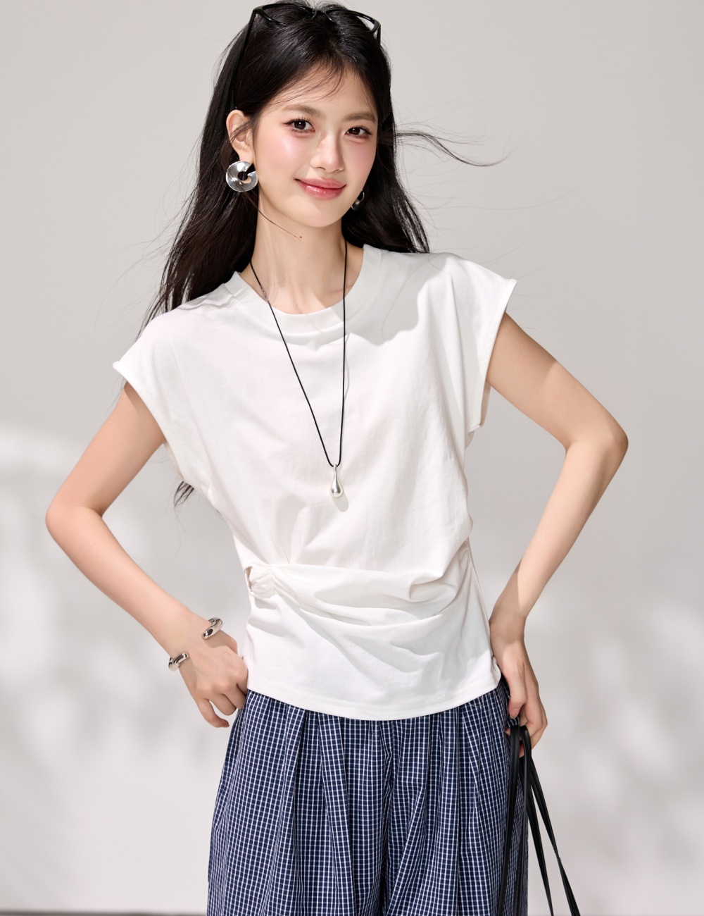 Round neck boats sleeve T-shirt Korean style pure tops