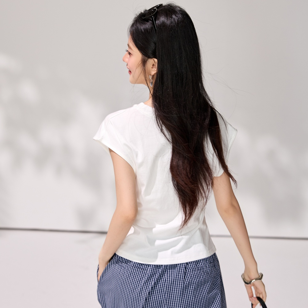 Round neck boats sleeve T-shirt Korean style pure tops