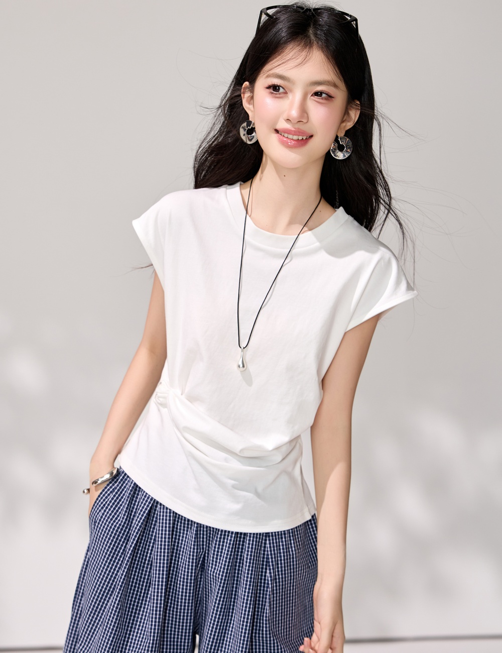 Round neck boats sleeve T-shirt Korean style pure tops