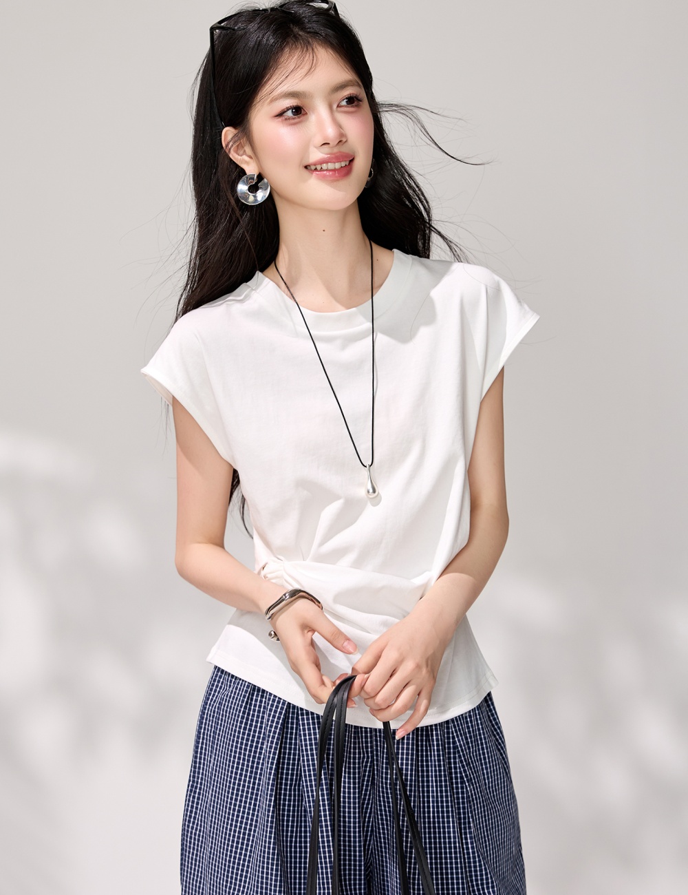 Round neck boats sleeve T-shirt Korean style pure tops